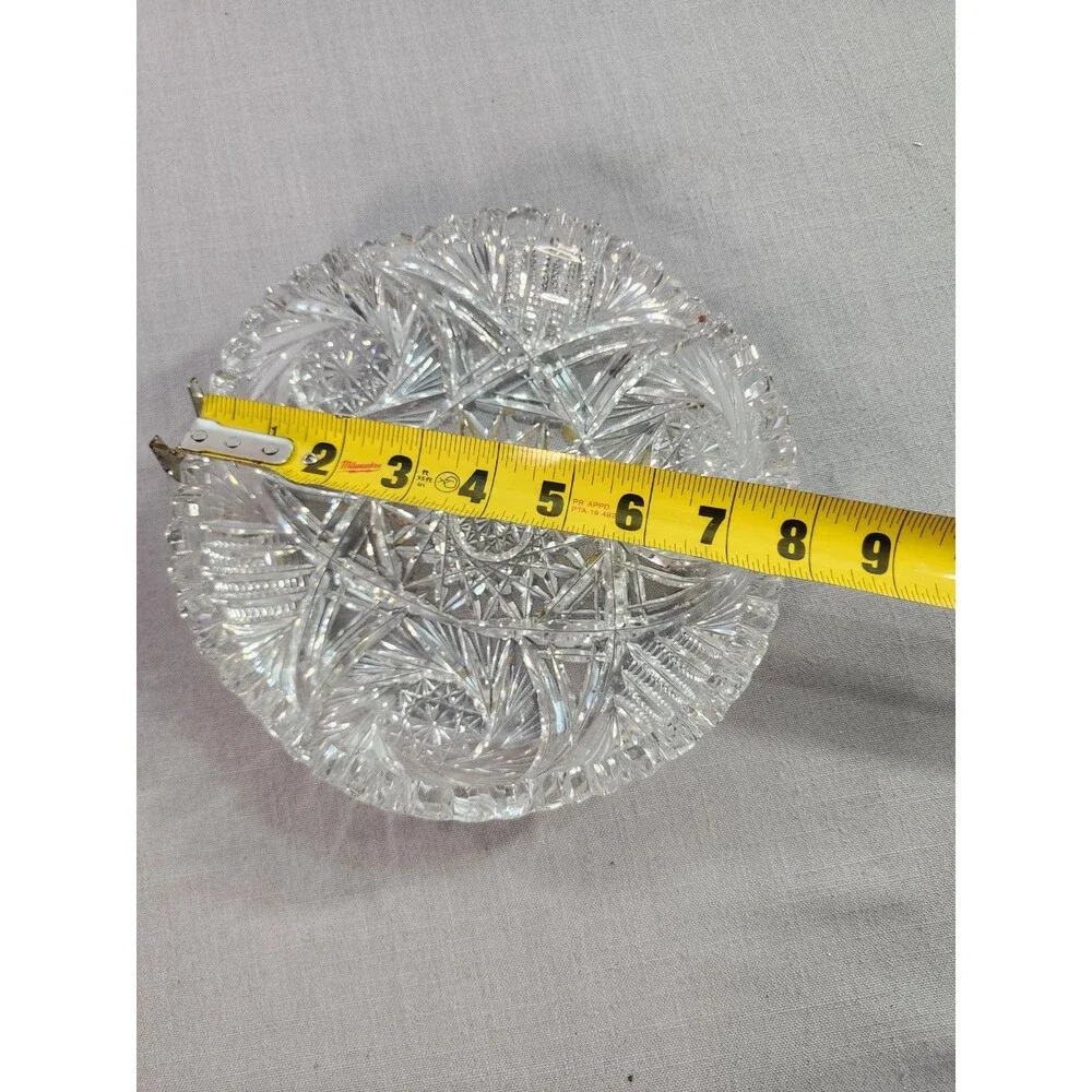 Vintage Cut Glass Round Serving Bowl 8” Pinwheel Starburst Sawtooth Rim